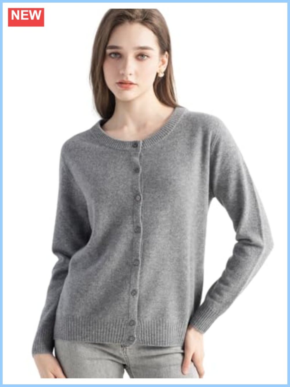 100% Pure Cashmere Cardigan Crew Neck Long Sleeve Seamless Knit Sweater